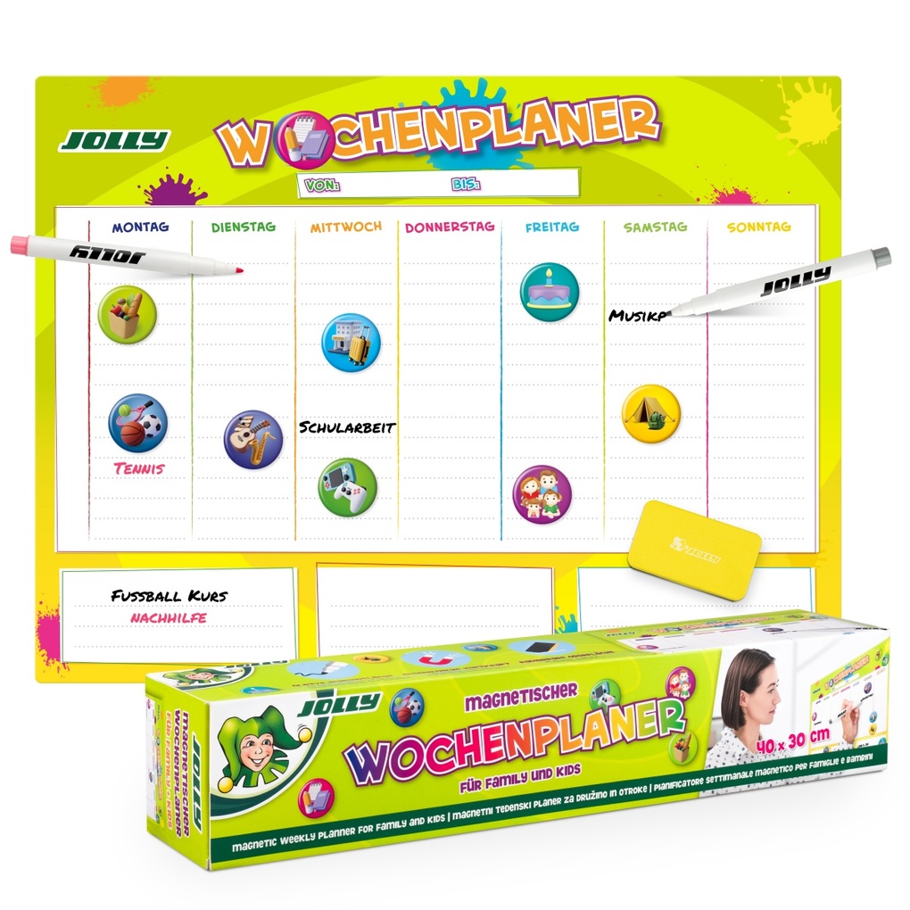 JOLLY Wochenplaner Set: Magnettafel 2x Marker Radierer & 9x Magneticons