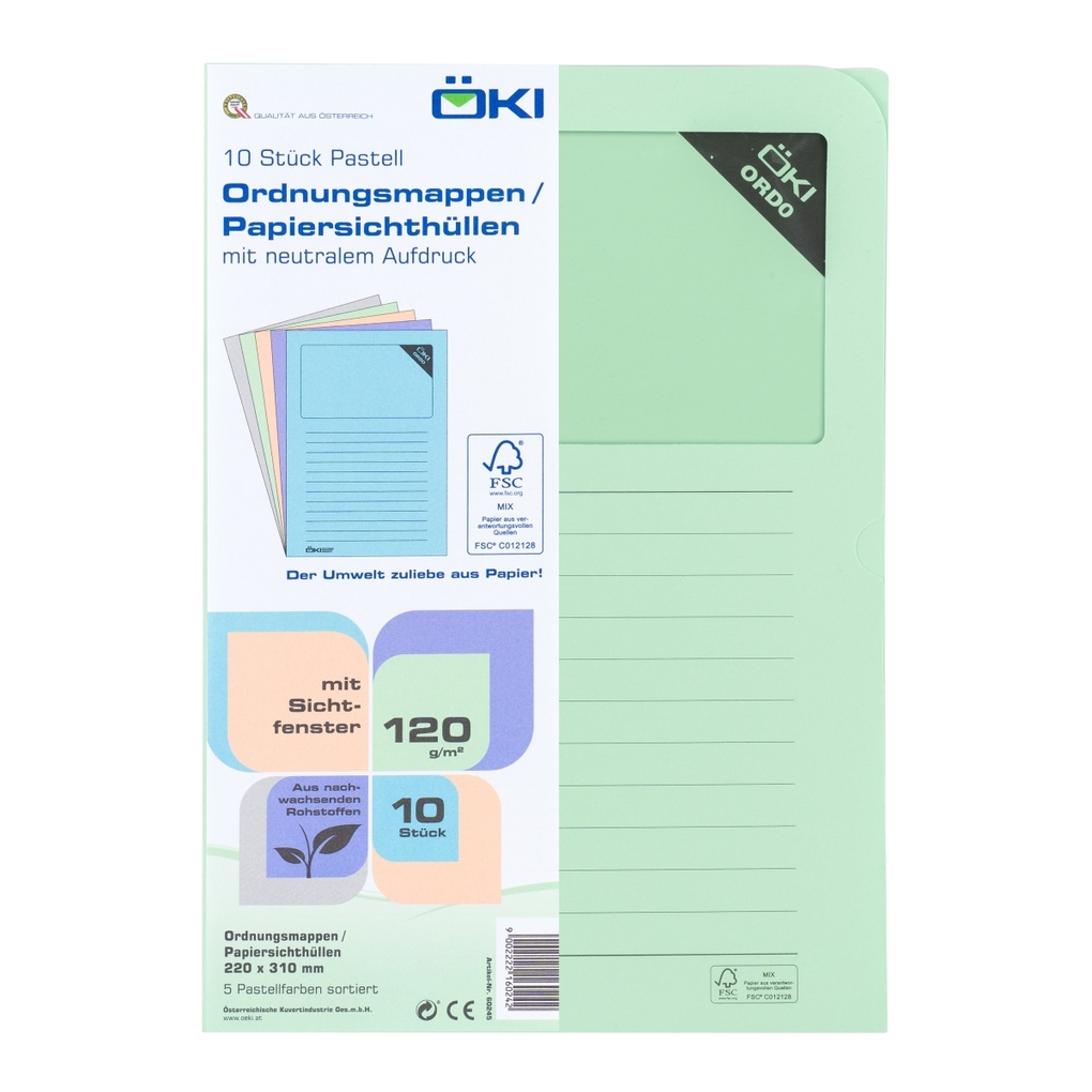 ÖKI Einsteckmappen Ordo Mappe DIN A4 pastell 120g/qm 10er Set