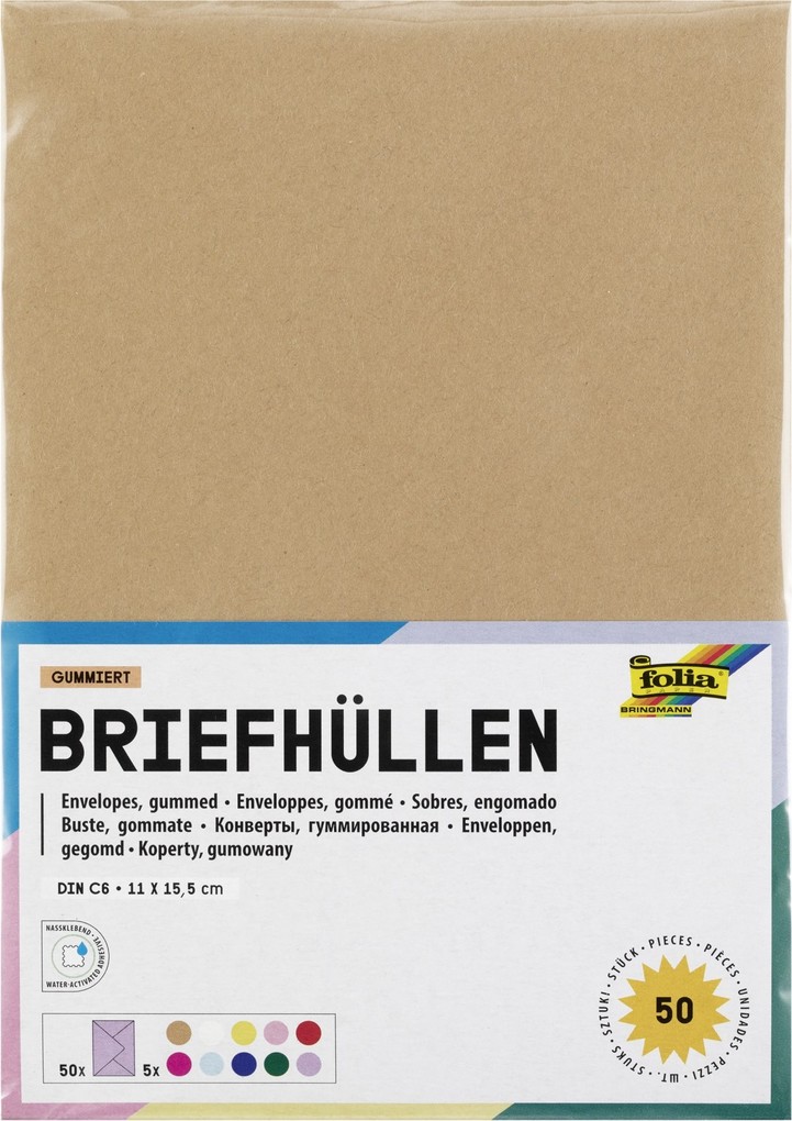 Folia Briefhüllen Briefumschläge Kuverts gummiert ca. 11 x 155 cm passend für DIN A6 50 Stück