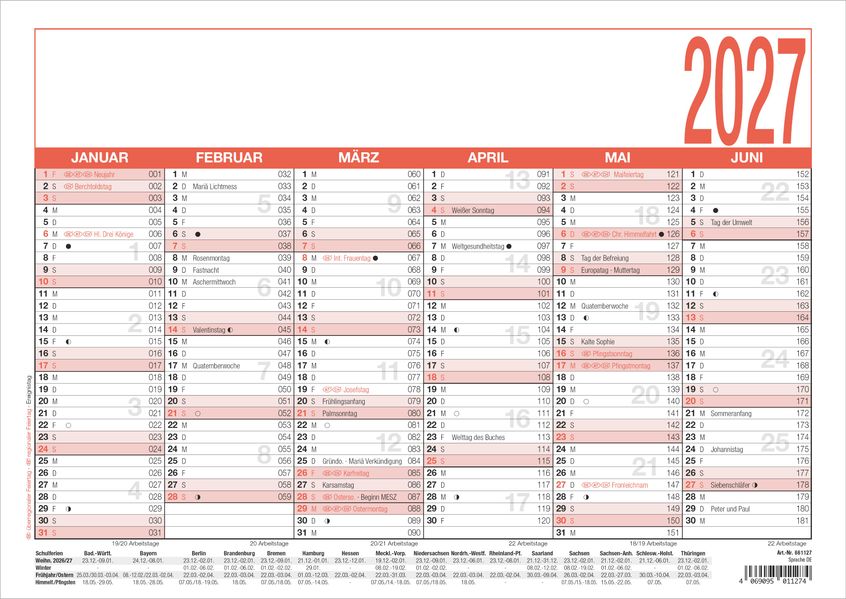 Arbeitstagekalender A4 2027