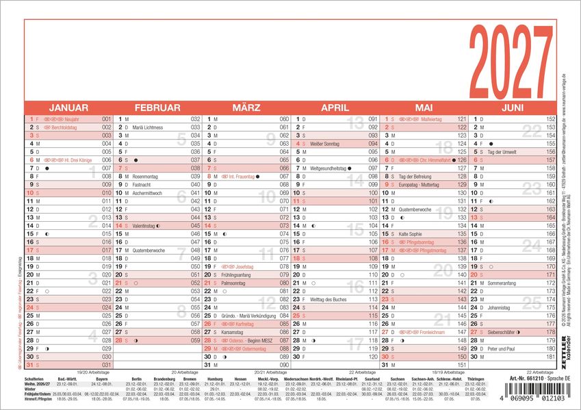 Arbeitstagekalender A5 2027