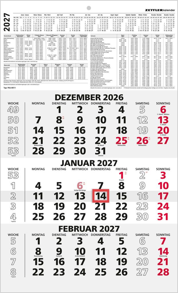 3-Monatskalender schwarz/rot 2027