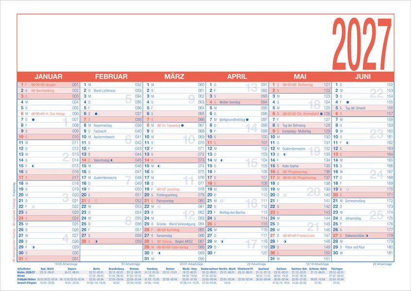 Arbeitstagekalender kaschiert A4 2027