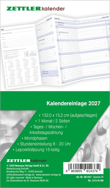 Kalenderersatzeinlage TP 1M/2S Leporello 2027