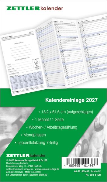 Kalenderersatzeinlage TP 1M/1S Leporello 2027