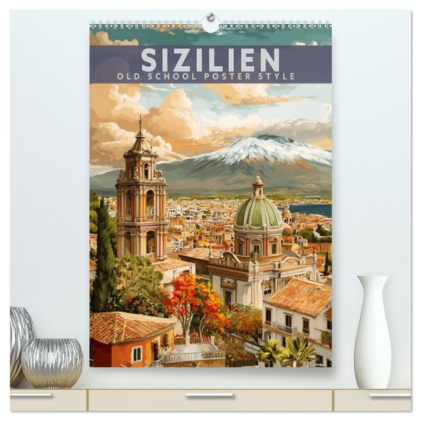 Sizilien - Old School Poster Style (hochwertiger Premium Wandkalender 2027 DIN A2 hoch) Kunstdruck in Hochglanz