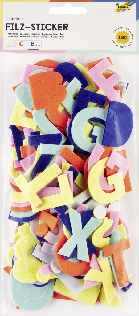 Folia Filz-Sticker LETTERS 190 Stück in 5 verschiedenen Farben Buchstaben-Aufkleber zum Verzieren und Dekorieren