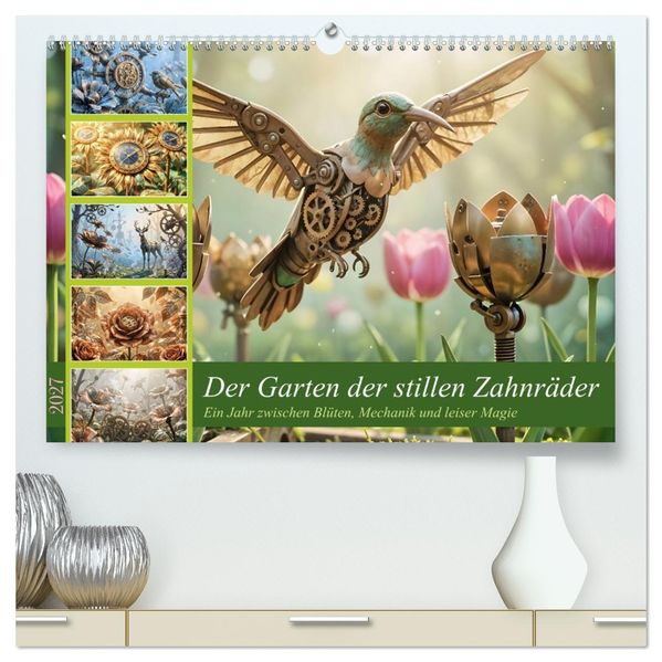 Der Garten der stillen Zahnräder - Ein Jahr zwischen Blüten Mechanik und leiser Magie (hochwertiger Premium Wandkalender 2027 DIN A2 quer) Kunstdruck in Hochglanz