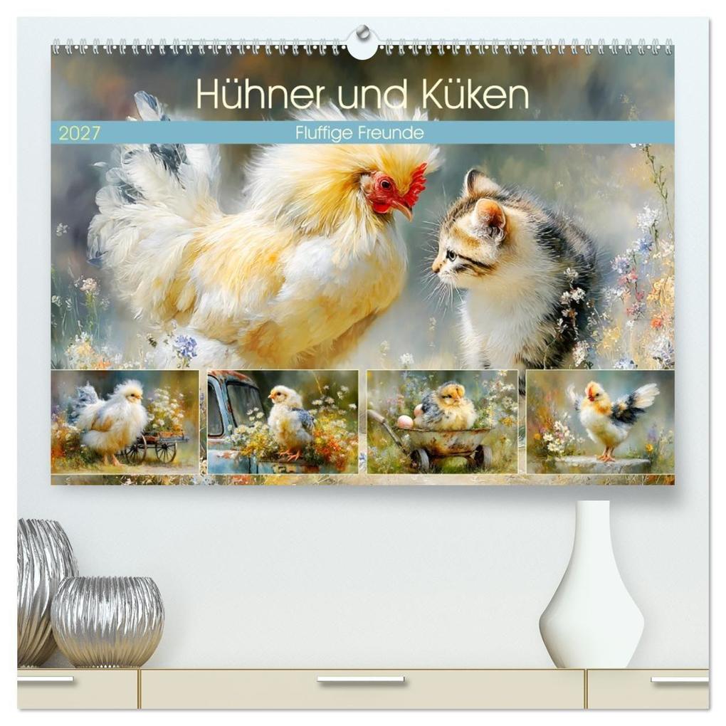 Hühner und Küken. Fluffige Freunde (hochwertiger Premium Wandkalender 2027 DIN A2 quer) Kunstdruck in Hochglanz