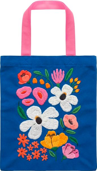 Bunte Blumengrüße Bestickter Stoffbeutel royalblau