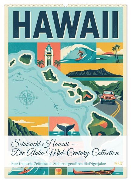 Sehnsucht Hawaii - Die Aloha Mid-Century Collection (Wandkalender 2027 DIN A2 hoch) CALVENDO Monatskalender