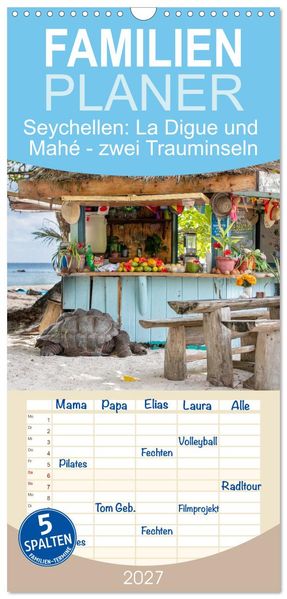 Familienplaner 2027 - Seychellen: La Digue und Mahé - zwei Trauminseln mit 5 Spalten (Wandkalender 21 x 45 cm) CALVENDO