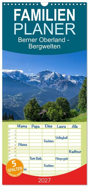 Familienplaner 2027 - Berner Oberland - Bergwelten mit 5 Spalten (Wandkalender 21 x 45 cm) CALVENDO