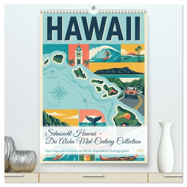 Sehnsucht Hawaii - Die Aloha Mid-Century Collection (hochwertiger Premium Wandkalender 2027 DIN A2 hoch) Kunstdruck in Hochglanz