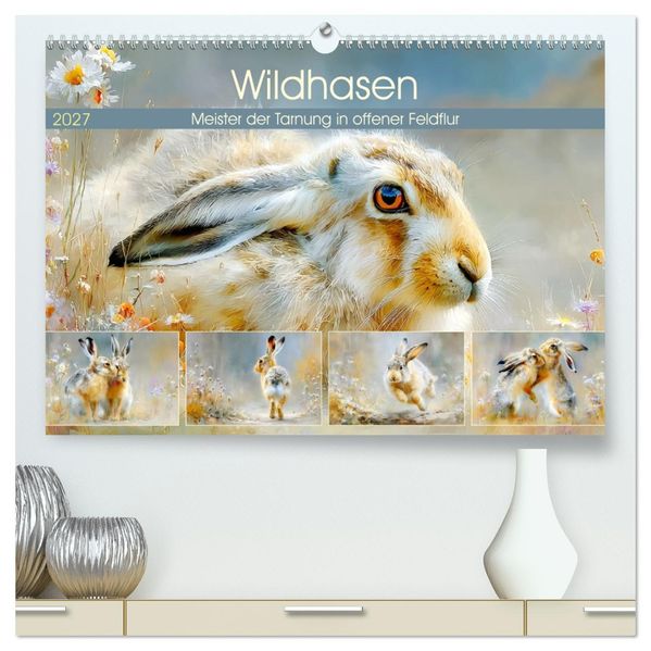 Wildhasen. Meister der Tarnung in offener Feldflur (hochwertiger Premium Wandkalender 2027 DIN A2 quer) Kunstdruck in Hochglanz