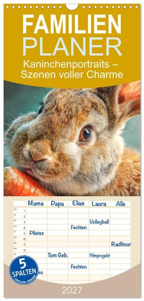 Familienplaner 2027 - Kaninchenportraits - Szenen voller Charme mit 5 Spalten (Wandkalender 21 x 45 cm) CALVENDO