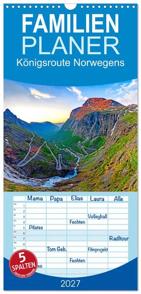 Familienplaner 2027 - Königsroute Norwegens mit 5 Spalten (Wandkalender 21 x 45 cm) CALVENDO