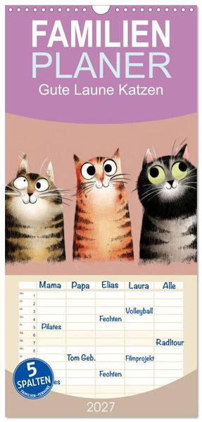 Familienplaner 2027 - Gute Laune Katzen mit 5 Spalten (Wandkalender 21 x 45 cm) CALVENDO