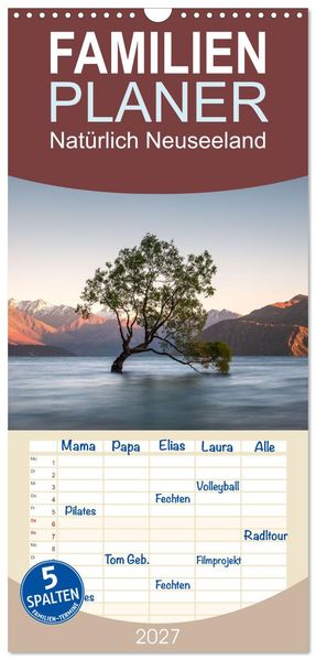 Familienplaner 2027 - Natürlich Neuseeland mit 5 Spalten (Wandkalender 21 x 45 cm) CALVENDO
