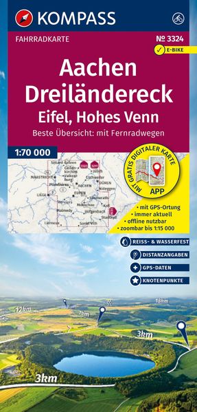 KOMPASS Fahrradkarte 3324 Aachen Dreiländereck Eifel Hohes Venn mit Knotenpunkten 1:70.000