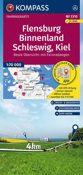 KOMPASS Fahrradkarte 3310 Flensburg Binnenland Schleswig Kiel 1:70.000
