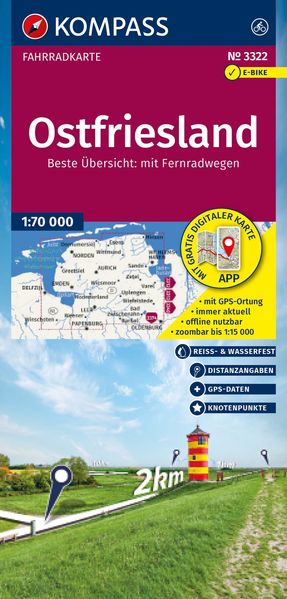 KOMPASS Fahrradkarte 3322 Ostfriesland mit Knotenpunkten 1:70.000
