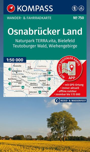 KOMPASS Wanderkarte 750 Osnabrücker Land NP TERRA.vita Bielefeld Teutoburger Wald Wiehengeb. 1:50.000