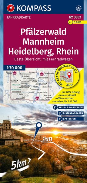 KOMPASS Fahrradkarte 3352 Pfälzerwald Mannheim Heidelberg Rhein 1:70.000