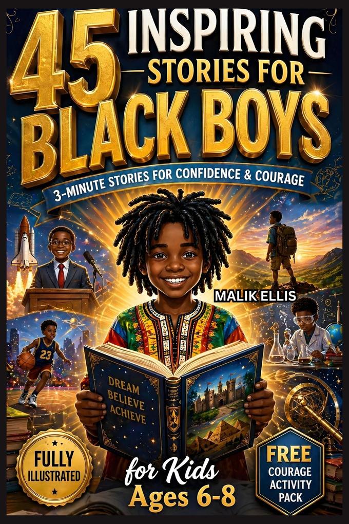 45 Inspiring Stories for Black Boys: 3-Minute Bedtime Stories to Build Confidence Courage and Growth Mindset: Fully Illustrated with Reflection Questions for Kids Ages 6 8
