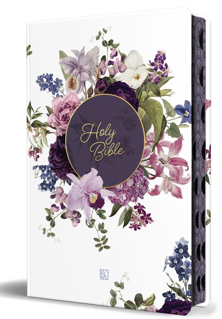 KJV Holy Bible Large Print Handy Size Format Hardcover Purple Flower Page Edge Design Thumb Index Ribbon Marker and Red Letter