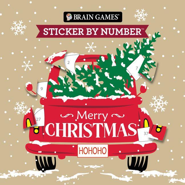 Brain Games - Sticker by Number Compact Edition: Merry Christmas 7x7 Inches Christmas Stocking Stuffer Travel Size Activity Book for Adults & Kids 7+