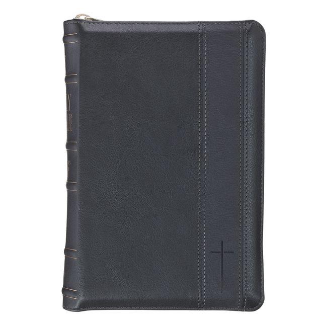 KJV Bible Personal Size Lg Print W/Zip Faux Leather Two-Tone Black/DK Gray