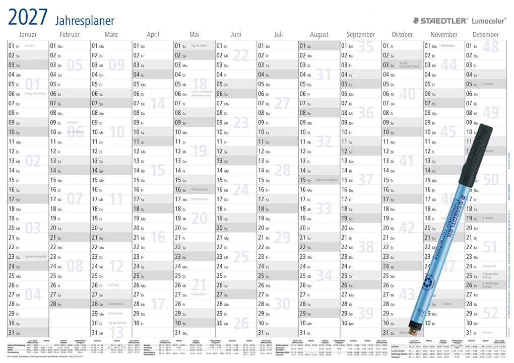 STAEDTLER Kalender Lumocolor Jahresplaner 2027 DIN A3