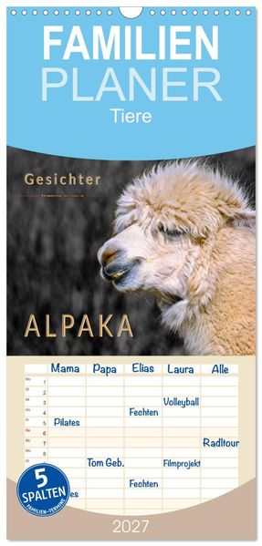 Familienplaner 2027 - Alpaka Gesichter mit 5 Spalten (Wandkalender 21 x 45 cm) CALVENDO