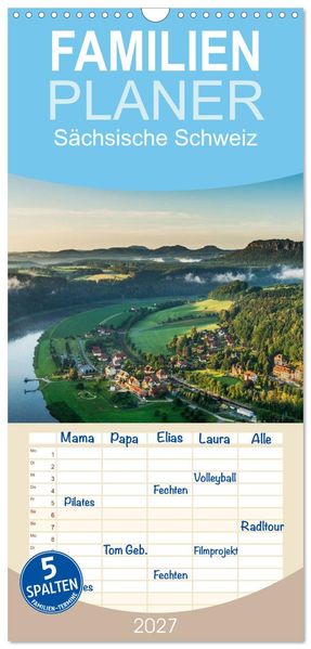 Familienplaner 2027 - Sächsische Schweiz / Geburtstagsplaner mit 5 Spalten (Wandkalender 21 x 45 cm) CALVENDO