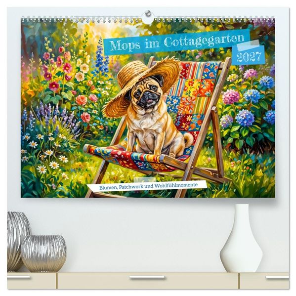 Mops im Cottagegarten - Blumen Patchwork und Wohlfühlmomente (hochwertiger Premium Wandkalender 2027 DIN A2 quer) Kunstdruck in Hochglanz