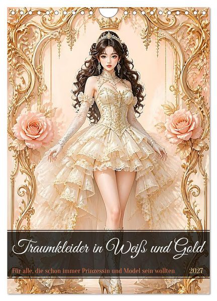 Traumkleider in Weiß und Gold (Wandkalender 2027 DIN A4 hoch) CALVENDO Monatskalender