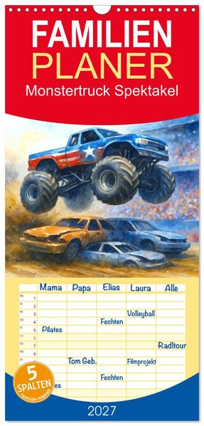 Familienplaner 2027 - Monstertruck Spektakel mit 5 Spalten (Wandkalender 21 x 45 cm) CALVENDO
