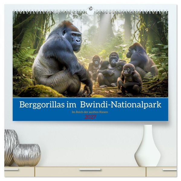 Berggorillas im Bwindi-Nationalpark (hochwertiger Premium Wandkalender 2027 DIN A2 quer) Kunstdruck in Hochglanz