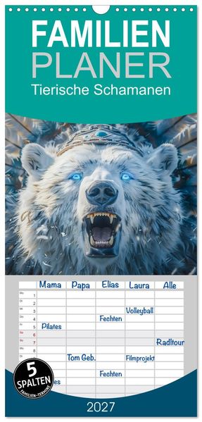 Familienplaner 2027 - Tierische Schamanen mit 5 Spalten (Wandkalender 21 x 45 cm) CALVENDO