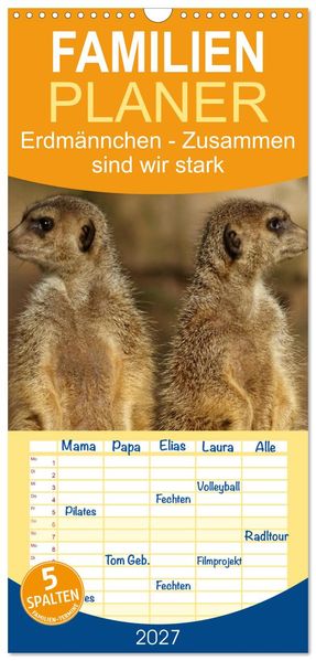 Familienplaner 2027 - Erdmännchen - Zusammen sind wir stark mit 5 Spalten (Wandkalender 21 x 45 cm) CALVENDO