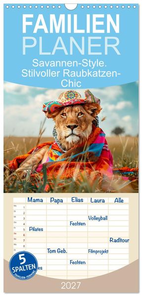 Familienplaner 2027 - Savannen-Style. Stilvoller Raubkatzen-Chic mit 5 Spalten (Wandkalender 21 x 45 cm) CALVENDO