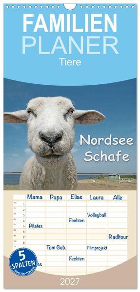 Familienplaner 2027 - Nordsee Schafe mit 5 Spalten (Wandkalender 21 x 45 cm) CALVENDO