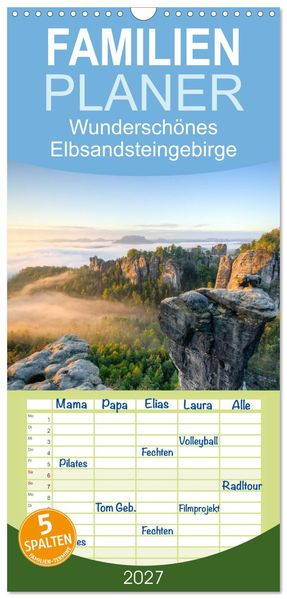 Familienplaner 2027 - Wunderschönes Elbsandsteingebirge mit 5 Spalten (Wandkalender 21 x 45 cm) CALVENDO