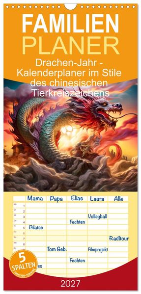 Familienplaner 2027 - Drachen-Jahr - Kalenderplaner im Stile des chinesischen Tierkreiszeichens mit 5 Spalten (Wandkalender 21 x 45 cm) CALVENDO