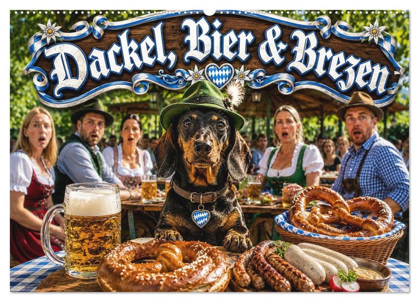 Dackel Bier und Brezen (Wandkalender 2027 DIN A2 quer) CALVENDO Monatskalender