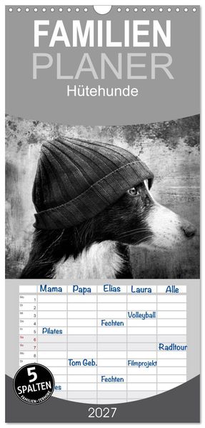 Familienplaner 2027 - Hütehunde mit 5 Spalten (Wandkalender 21 x 45 cm) CALVENDO
