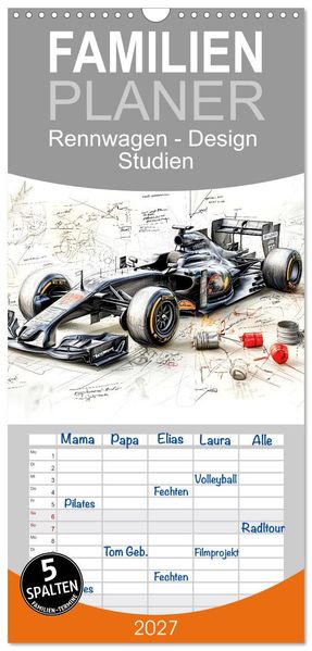 Familienplaner 2027 - Rennwagen - Design Studien mit 5 Spalten (Wandkalender 21 x 45 cm) CALVENDO
