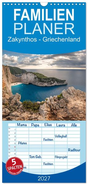 Familienplaner 2027 - Zakynthos - Griechenland mit 5 Spalten (Wandkalender 21 x 45 cm) CALVENDO