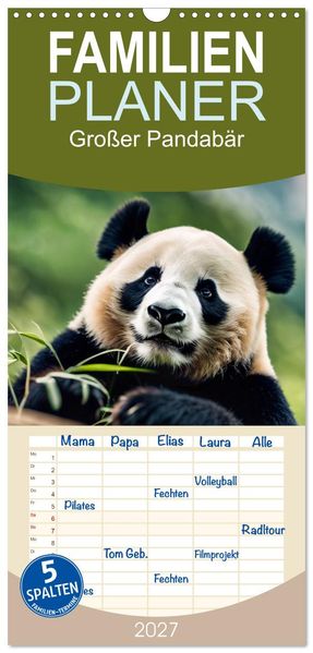Familienplaner 2027 - Großer Pandabär mit 5 Spalten (Wandkalender 21 x 45 cm) CALVENDO